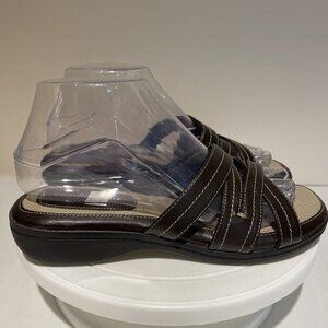 Comfort Plus Predictions Sandals Slides Women's 7 Brown Faux Leather Wedge NWOB